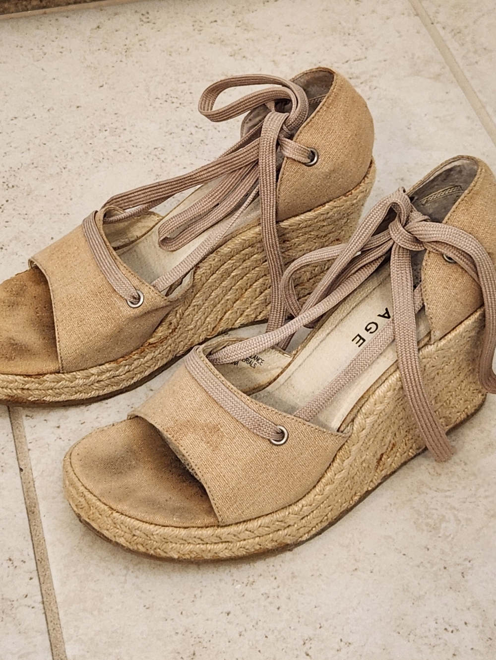 Rampage Beige Tan Women's Wedge Sandals Size 8.5 Tie - Picture 2 of 5